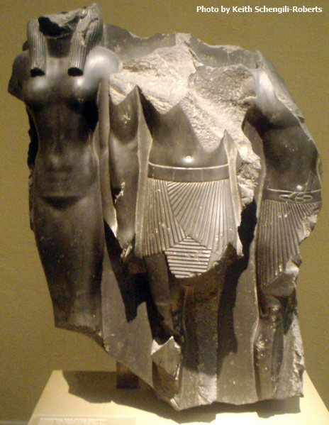 Triad of Menkaure with Thebes Nome god (Photo by Keith Schengili-Roberts.
